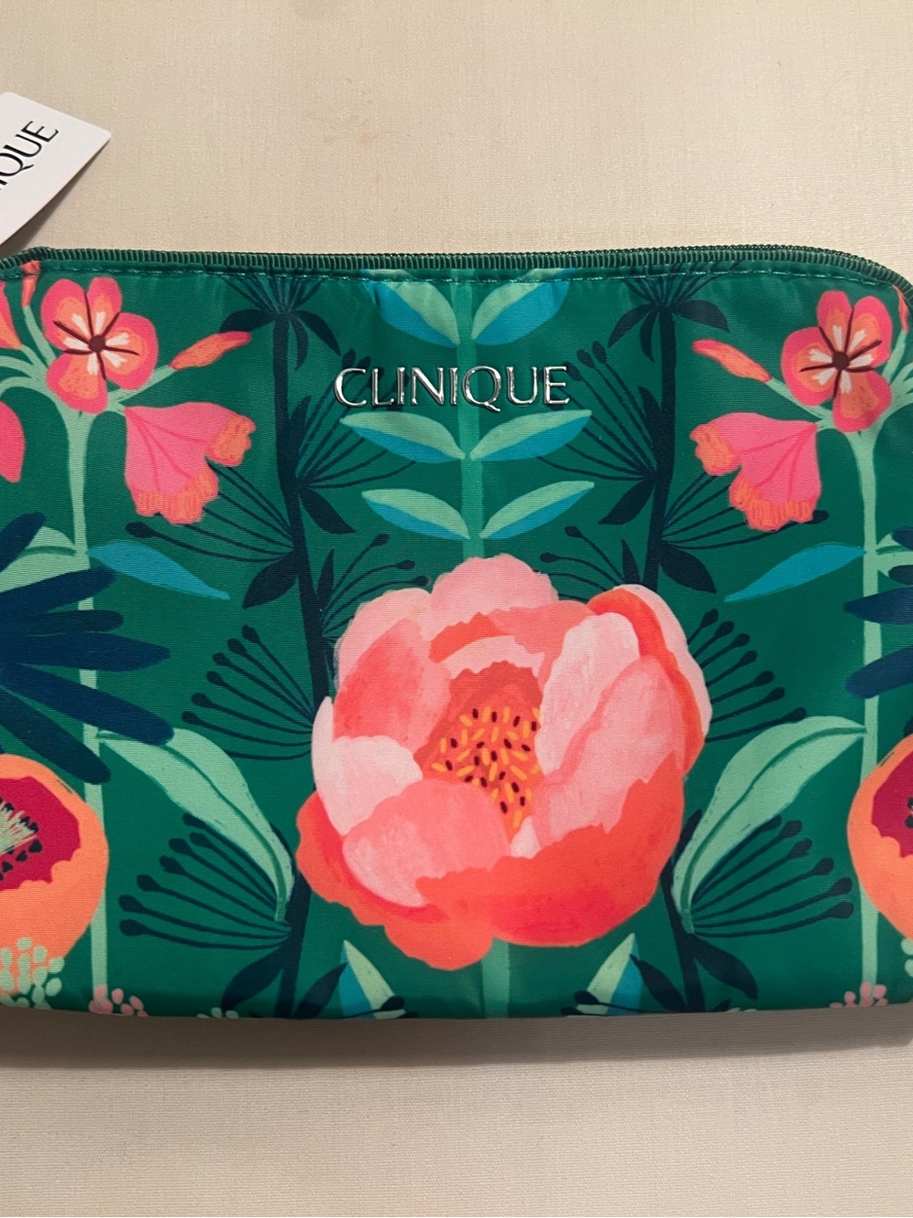 Clinique Coral Pink Floral Tote with Teal Floral Pouch NWT - Picture 2 of 2